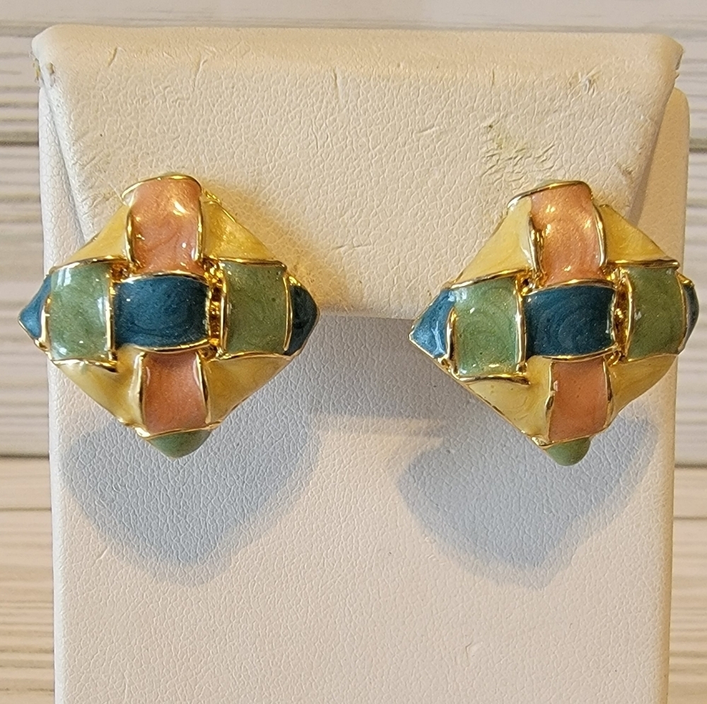 Vintage Multicolor Enamel Basket Weave Gold Tone Statement Pierced Earrings